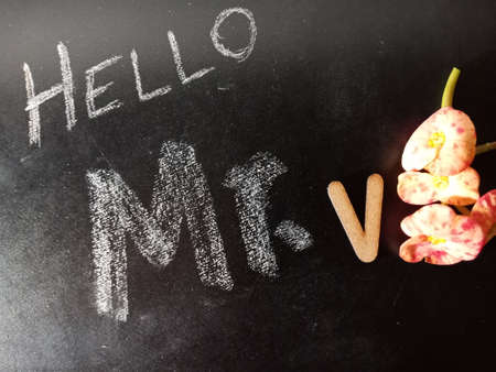 Hello mister V text displayed on chalk board concept with wooden alphabet english symbol.の写真素材