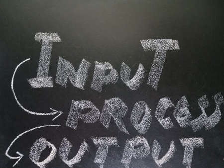 Input process output word presented on chalkboard with school educational chalkboard concept background for learning purpose.の写真素材