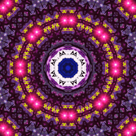 Pink supernova dark purple Creative bright mandala. Kaleidoscope abstract sacred geometry. Ethnic fractal artwork. Symmetric stylish graphic design pattern for fabric,の写真素材