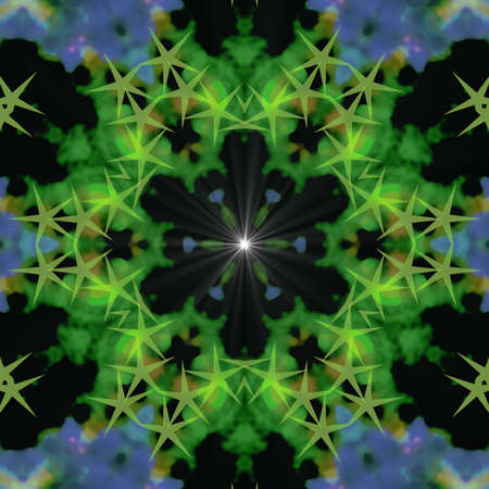 Green and white supernova star blinking Digital illustration, geometric abstract colorful kaleidoscope symmetrical pattern with gradient effect. Vintage beautiful decorative backgroundの写真素材