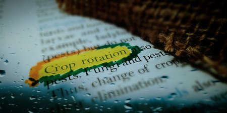 Crop rotation word highlighted with closeup view on book word educational related terminology presented for students awareness.の写真素材