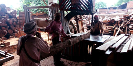 DISTRICT KATNI, INDIA - SEPTEMBER 16, 2019: Asian woodworker operating saw cutting machine at sawmill.のeditorial素材