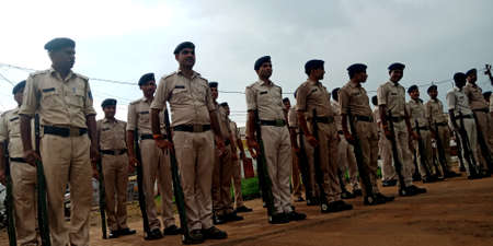 CITY KATNI, INDIA - AUGUST 15, 2019: Indian police men standing for rehearsal on forester city sport...