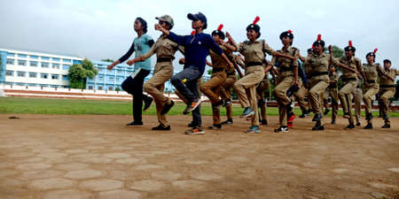 CITY KATNI, INDIA - AUGUST 15, 2019: Indian National cadet corps NCC female students practicing on...