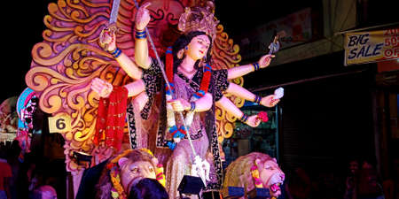 DISTRICT KATNI, INDIA - OCTOBER 08, 2019: Lord durga statue demonstration at hindu religious road...