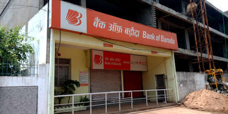 DISTRICT KATNI, INDIA - JULY 28, 2019: bank of baroda Building view on road side sky background.のeditorial素材
