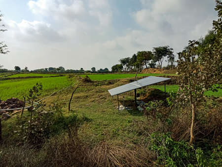 Solar panel plate installed on agriculture green field area.