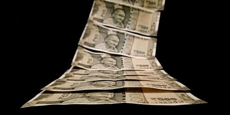 Indian currency five hundred 500 rupees note ascending order style isolated on black background for...