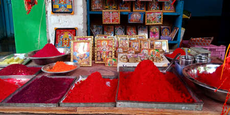 DISTRICT KATNI, INDIA - OCTOBER 13, 2019: Colorful Vermilion Powder displayed for sale at hindu...