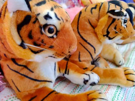 DISTRICT KATNI, INDIA - DECEMBER 09, 2019: Tiger animal teddy toys presented for sale at isolated shop counter in city market.のeditorial素材