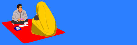 An indian village lady sitting with bank officer for getting small group microfinance loan on blue background.のイラスト素材