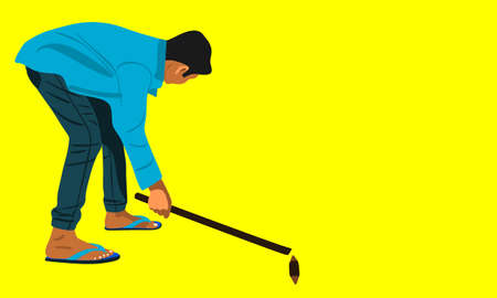 An indian village boy cartoon playing Gilli Danda alone on yellow background abstract art for sports...