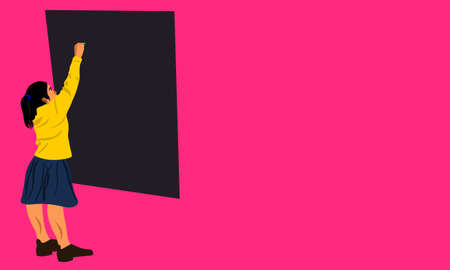 An indian little school girl cartoon writing on black chalkboard alone on pink color background abstract art for educational concept.のイラスト素材