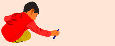 An indian cute boy cartoon holding blue pen alone on light background abstract art for educational concept.のイラスト素材