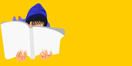 An indian village boy cartoon reading book alone on yellow background abstract art for educational...