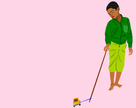 An indian village boy cartoon playing with toy car isolated on light background abstract art for...