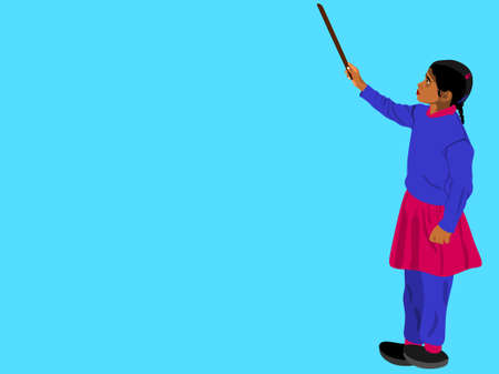 An indian village government school girl cartoon holding stick isolated on turkish blue color background abstract art for educational concept.のイラスト素材
