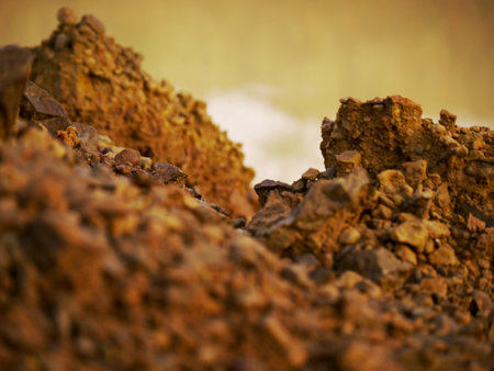 Brown stone rocks texture behind dirty water river presented on background blur artの写真素材