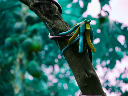 alien creature made with moulder clay art presented in wooden pole around garden areaの写真素材
