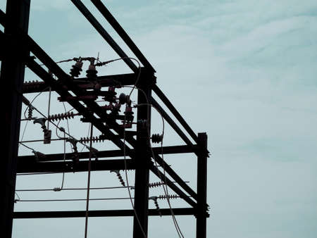 Electric supply iron block connection side frame on blue sky backgroundの写真素材