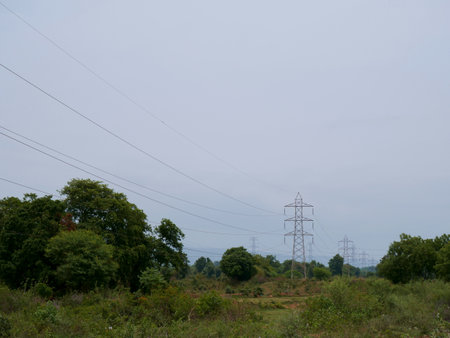 Electric tower supply presented in forest green field.
