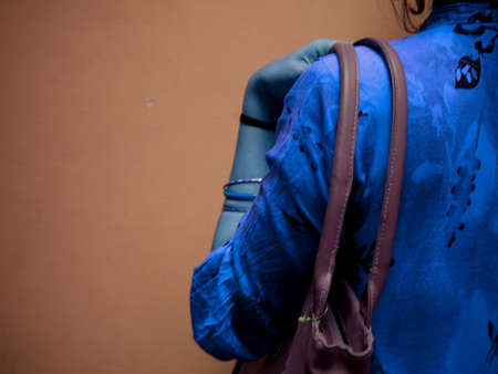 Lady bag on shoulder side view with text space, lifestyle concept.の写真素材