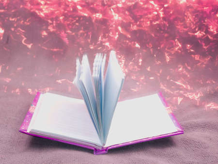 Note book diary opened around light effect background, education energy concept image.の写真素材