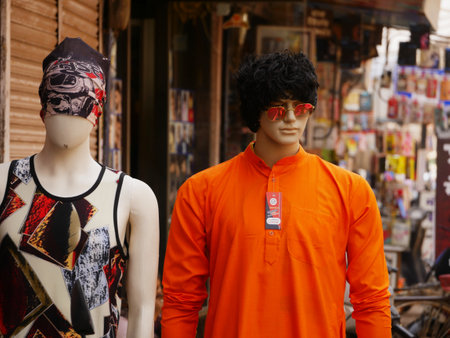 Dummy statue wearing traditional cloths kept on outside of showroom for sales attraction purpose at city Katni Madhya Pradesh in India on March 2022.のeditorial素材