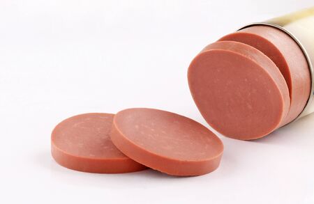 luncheon Lanshon Mortadella meat slice cut knife isolated on white background