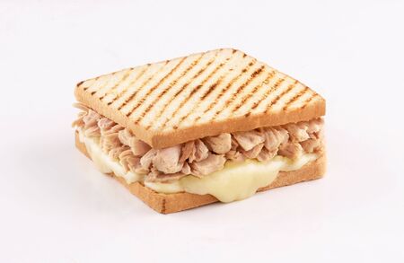toast bread sandwich tuna with melted mozzarella cheese isolated on white backgroundの写真素材