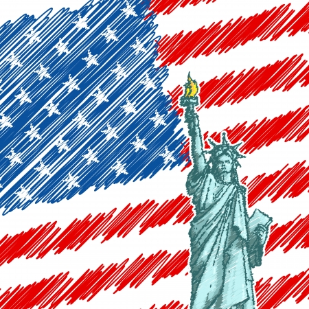 vector illustration of Statue of Liberty on American Flagのイラスト素材