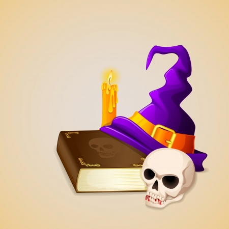 vector illustration of Witch Hat on antique book with skullのイラスト素材