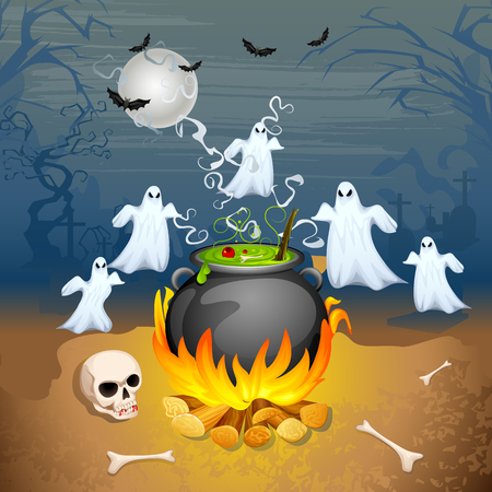 illustration of ghost from cauldron in Halloween Backgroundのイラスト素材