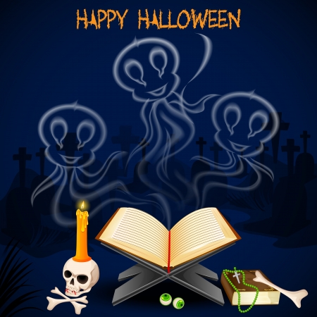 vector illustration of Halloween ghost coming out of bookのイラスト素材