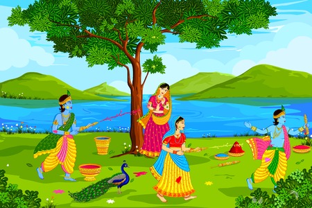 vector illustration of Radha Krishna playing Holiのイラスト素材