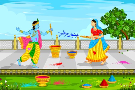 vector illustration of Radha Krishna playing Holiのイラスト素材