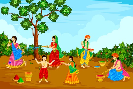 vector illustration of Radha Krishna playing Holiのイラスト素材