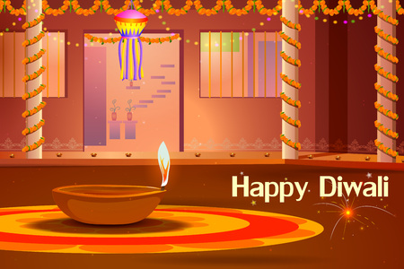 illustration of Indian house decorated with diya in Diwali nightのイラスト素材