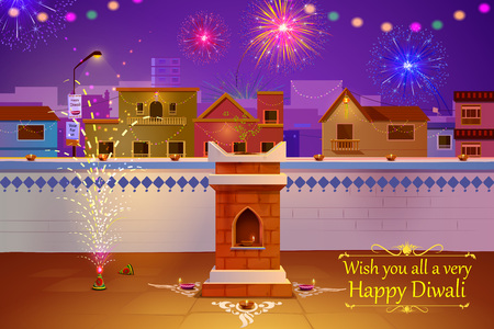 illustration of Indian house decorated with diya in Diwali nightのイラスト素材