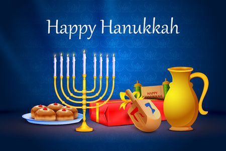 vector illustration of menorah and gift in Israel festival Happy Hanukkah backgroundのイラスト素材