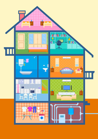 vector illustration of House in cut view with detailed interior and furnitureのイラスト素材