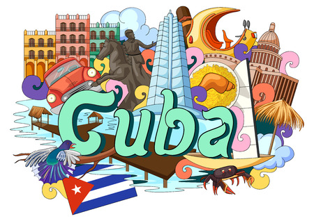 vector illustration of Doodle showing Architecture and Culture of  Cubaのイラスト素材