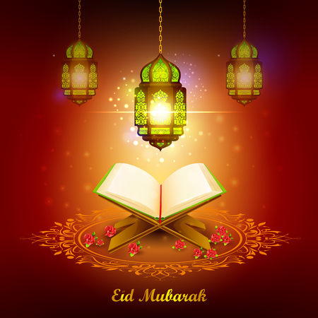 vector illustration of holy book of Quran with lamp on Eid Mubarak Blessing for Eid backgroundのイラスト素材