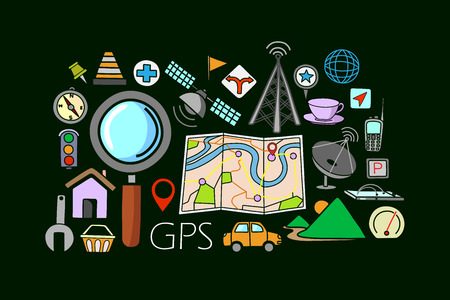 vector illustration of flat line art design of GPS system concept for web design templateのイラスト素材