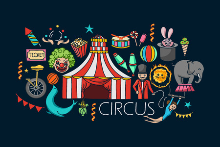 vector illustration of flat line art design of Circus conceptのイラスト素材