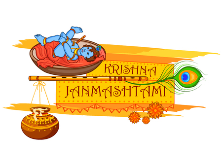 Krishna with flute on Happy Janmashtami backgroundのイラスト素材