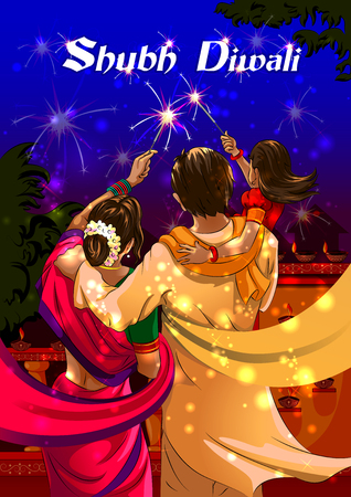 Family burning firecracke on Happy Diwali night celebrating holiday of Indiaのイラスト素材