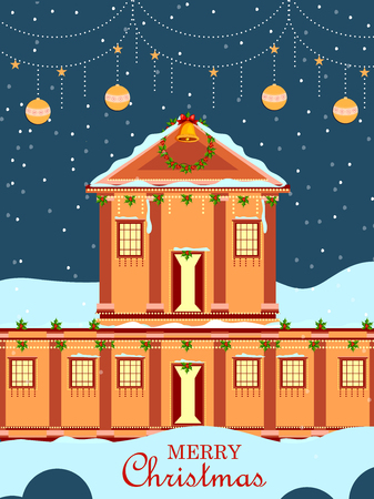 Snow covered decorated house for Merry Christmas holiday festival greeting backgroundのイラスト素材