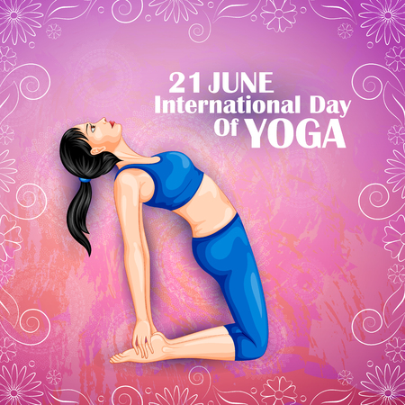 Illustration of woman doing yoga pose on poster design for celebrating International Yoga Dayのイラスト素材