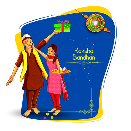Brother and sister tying decorated Rakhi for Indian festival Raksha Bandhanのイラスト素材